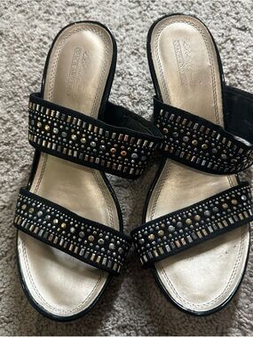 Coach Black Double-Strap Wedge Sandals with Mixed Metallic Studs